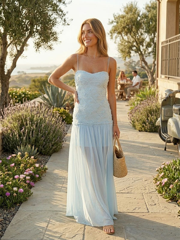 Blue Rosette Garden Maxi Gown – Ice Blue 3D Floral Chiffon Formal Dress