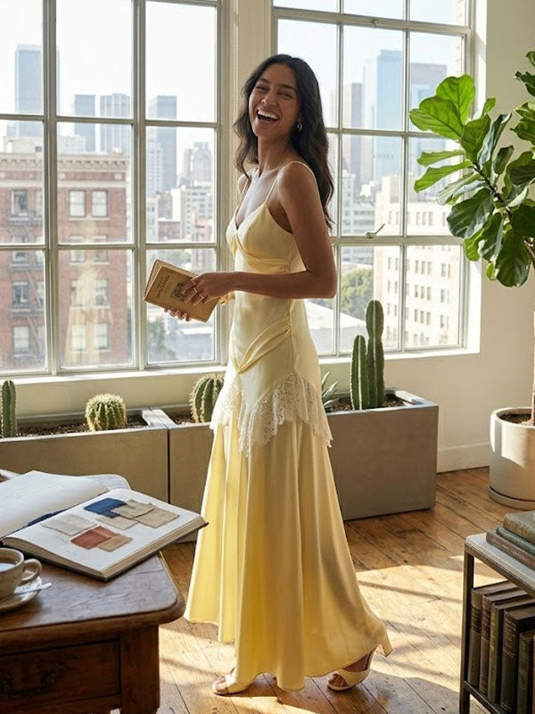 Butter Yellow Satin Maxi Dress – Lace Detail Wedding Guest Gown