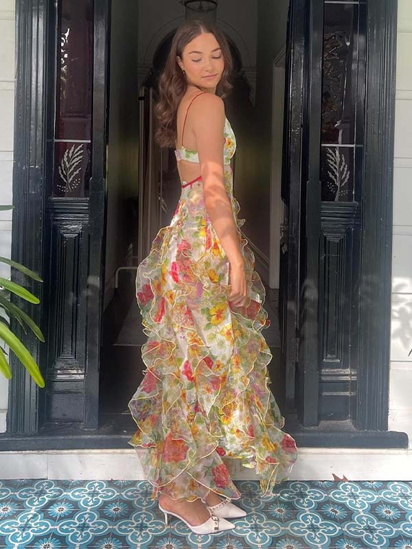 Floral Ruffled Open-Back Sheer Maxi Dress | Spaghetti Strap V-Neck Side Slit Gown for Weddings & Prom