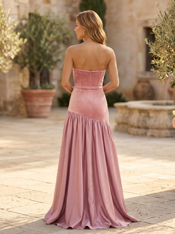 back zipper velvet satin hybrid gown rear view