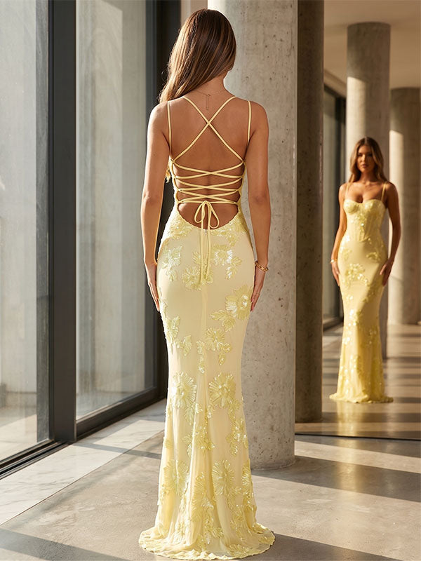 bright yellow prom dress body hugging silhouette lace up