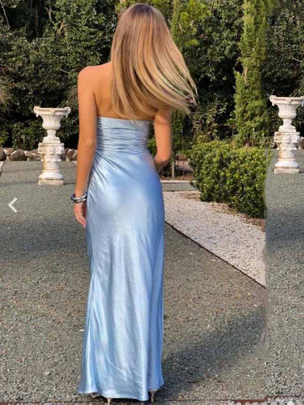 Elegant Satin Sky Blue Strapless Mermaid Long Prom Dress