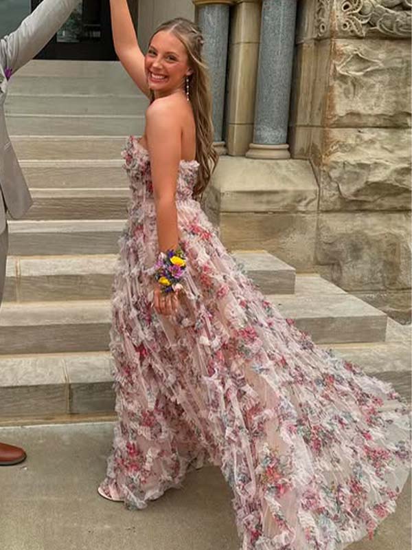 Floral Ruffle Strapless Side Slit Ballgown Maxi Prom Dress