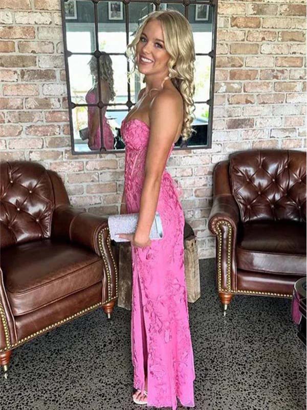 Gorgeous Lace Pink Sweetheart Strapless Appliques Side Slit Mermaid Long Prom Dress