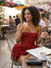 Retro Burgundy 3D Flower Lace-Up Square Strapless A-line Short Mini Dress Homecoming Dress