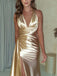 Elegant Gold Satin V-neck Halter Ruched High-Slit Mermaid Long Prom Dress