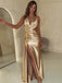 Elegant Gold Satin V-neck Halter Ruched High-Slit Mermaid Long Prom Dress