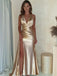 Elegant Gold Satin V-neck Halter Ruched High-Slit Mermaid Long Prom Dress