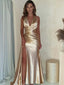 Elegant Gold Satin V-neck Halter Ruched High-Slit Mermaid Long Prom Dress