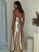 Elegant Gold Satin V-neck Halter Ruched High-Slit Mermaid Long Prom Dress