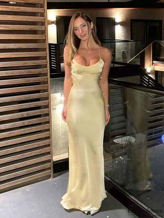 Elegant Cream Satin Spaghetti Strap Scoop Deep V-Back Mermaid Long Evening Gown