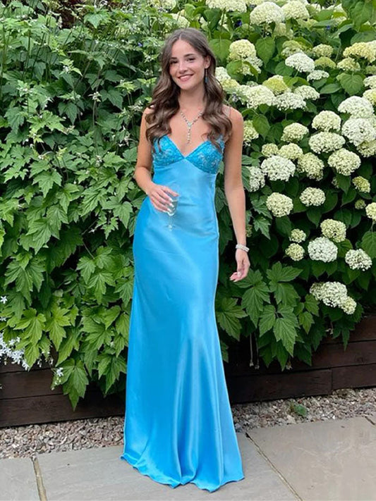 Elegant Satin Blue V-neck Spaghetti Strap Lace With Beaded Mermaid Long Prom Dress Wedding Guest Dress