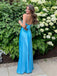 Elegant Satin Blue V-neck Spaghetti Strap Lace With Beaded Mermaid Long Prom Dress,Wedding Guest Dress