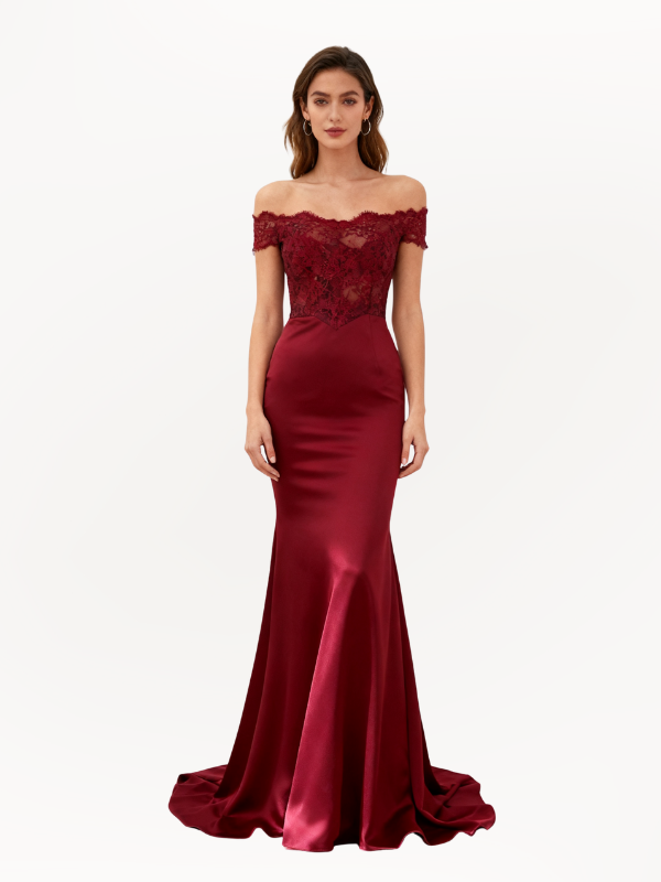 Vintage Burgundy Off the Should Strapless Lace Appliques Mermaid Long Prom Dress