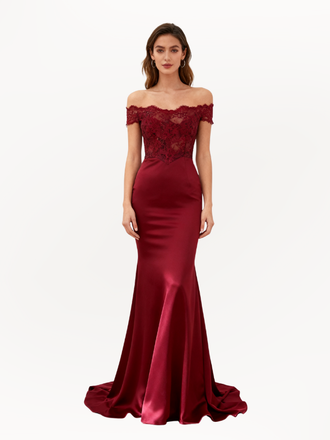 Vintage Burgundy Off the Should Strapless Lace Appliques Mermaid Long Prom Dress