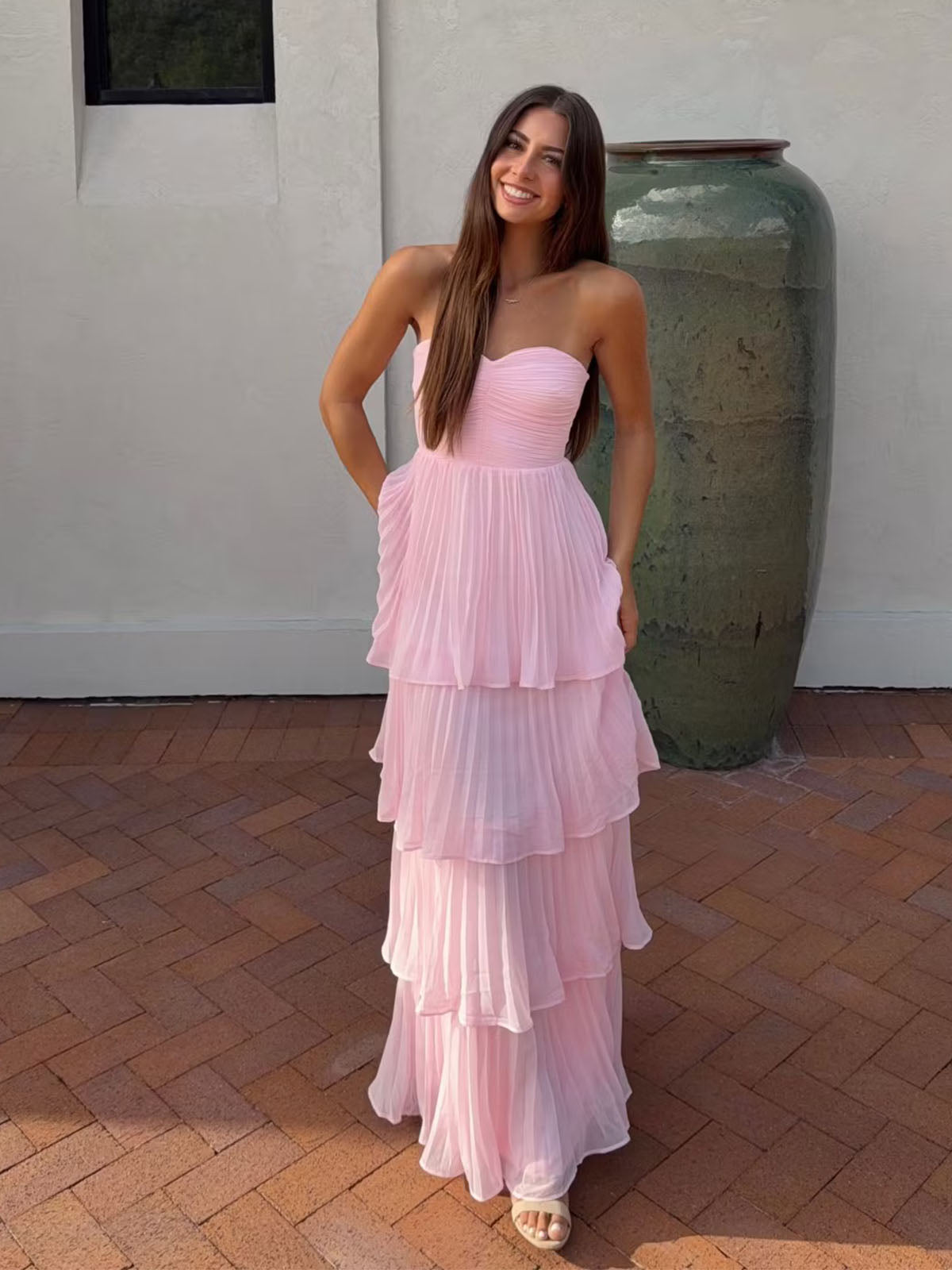 Elegant Blush Pink Chiffon Sweetheart Layered Pleated A Line Prom Dresses