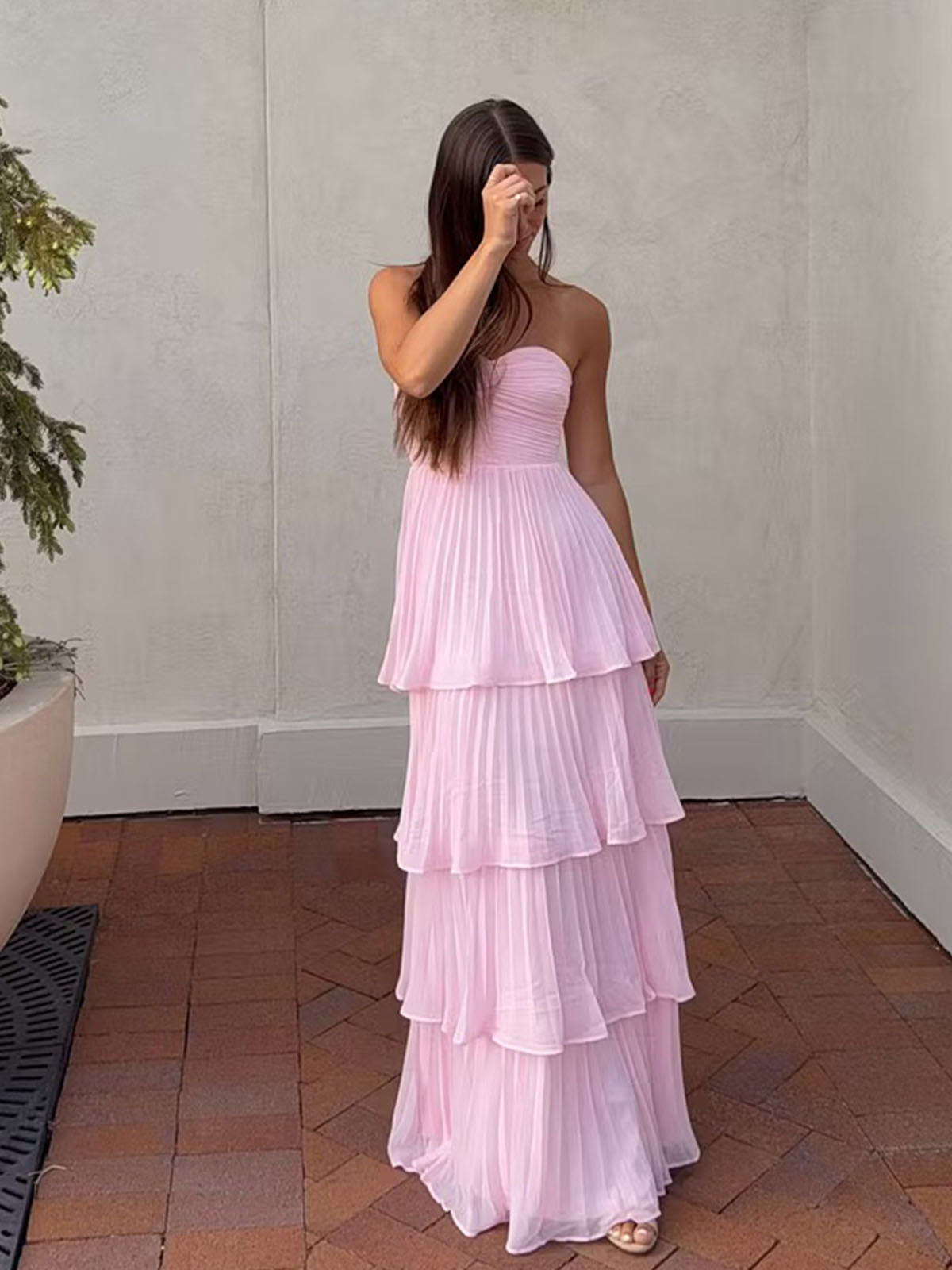 Elegant Blush Pink Chiffon Sweetheart Layered Pleated A Line Prom Dresses