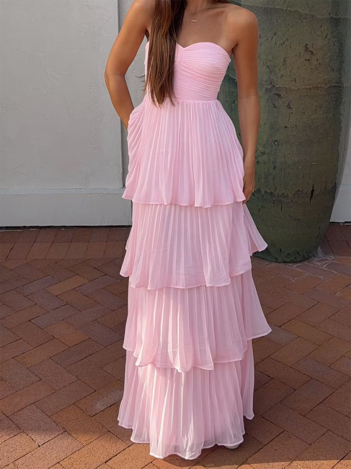 Elegant Blush Pink Chiffon Sweetheart Layered Pleated A Line Prom Dresses