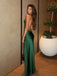 Sexy Satin Green Deep V-neck Spaghetti Strap Side Slit Mermaid Wedding Guest Dress Prom Dress