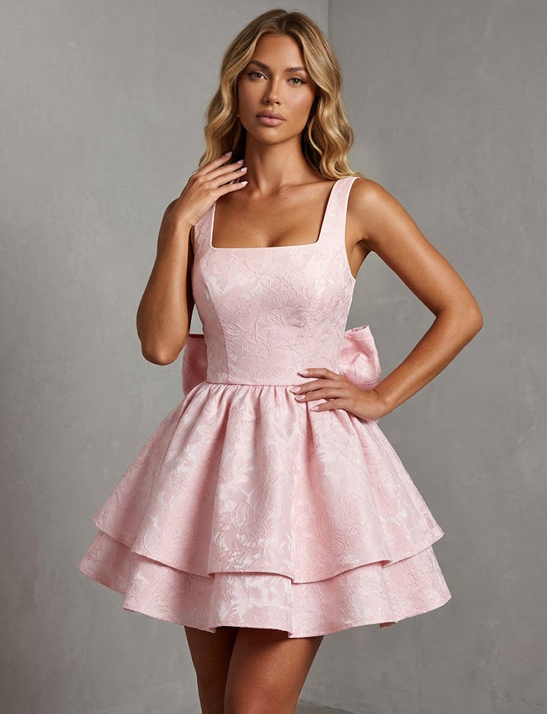 Gorgeous Jacquard Square Neck Tiered Backless with Bow A Line Mini Homecoming Dresses