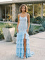 Luxury 3D Floral Jacquard Sky Blue Evening Gown – Textured Formal Maxi Dress for Gala & Prom
