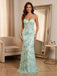 mint green sequin mermaid gown with sheer corset bodice front view
