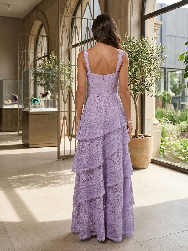 back view of lilac floral lace maxi dress with square back and wide lace straps
