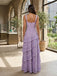 back view of lilac floral lace maxi dress with square back and wide lace straps
