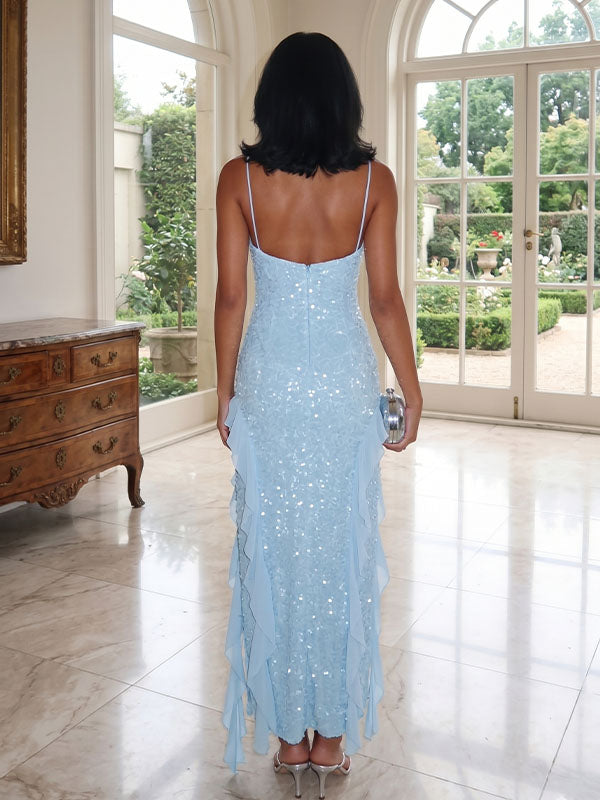 back view of shimmering pastel blue formal dress with low scoop open back
