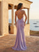 Backless lilac ruched formal dress with sweeping train
