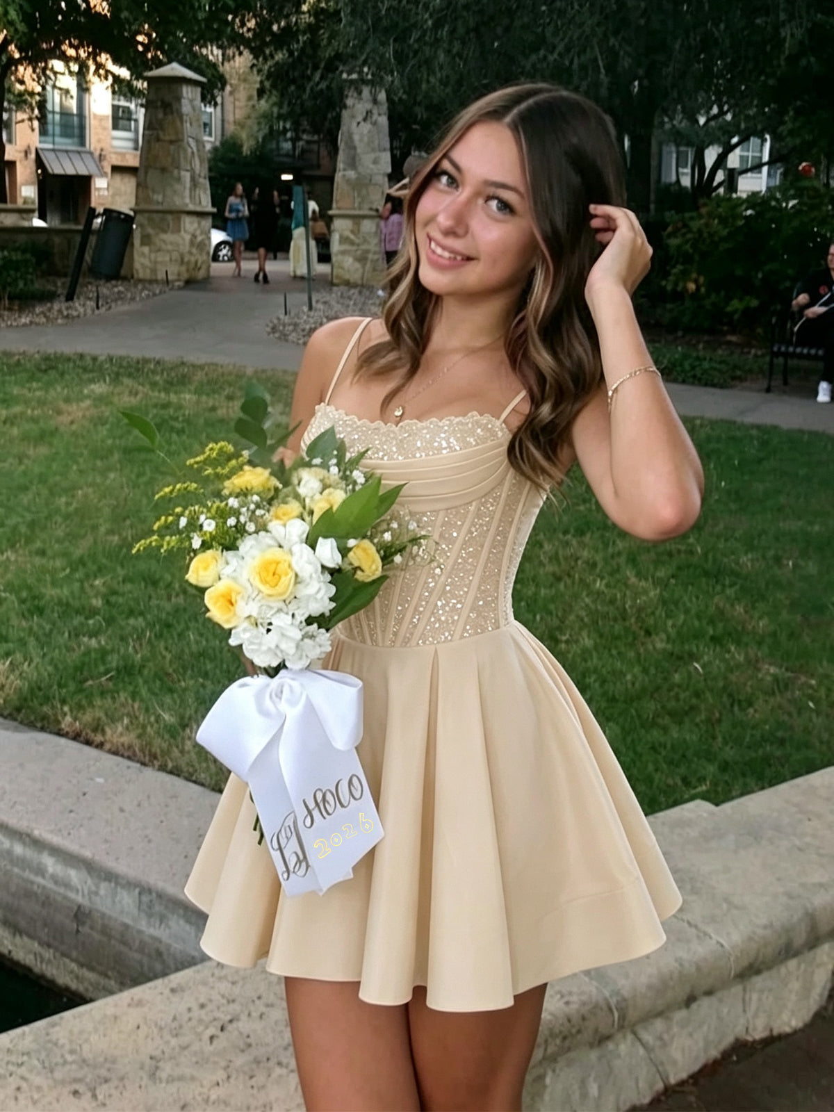 Sparkly Sequin A Line Mini Spaghetti Strap Lace Up Homecoming Dresses