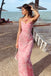 Gorgeous Pink V-neck Lace Appliques Spaghetti Strap Lace Up Mermaid Long Prom Dress