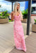 Gorgeous Pink V-neck Lace Appliques Spaghetti Strap Lace Up Mermaid Long Prom Dress