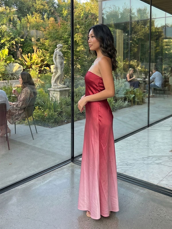 Elegant ombre liquid satin maxi dress flowing silhouette side view
