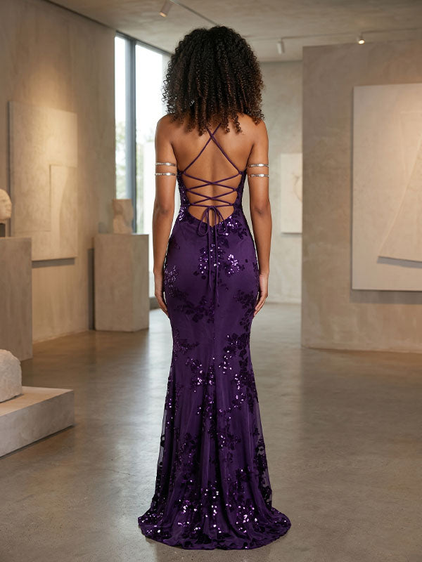 Luxury dark purple lace-up back evening dress with hourglass silhouette
