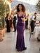Front profile view of elegant deep purple velvet evening gown, showcasing the plunging V-neck, rich textured sequin floral embroidery, and majestic mermaid skirt silhouette inside a modern brutalist art gallery studio.