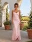 Romantic Pink Satin V-neck Embroidered Slip Dress – High-Low Tiered Ruffle Maxi Gown