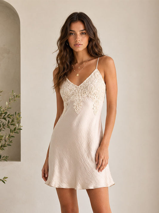 champagne satin slip mini dress with vintage guipure lace front view

