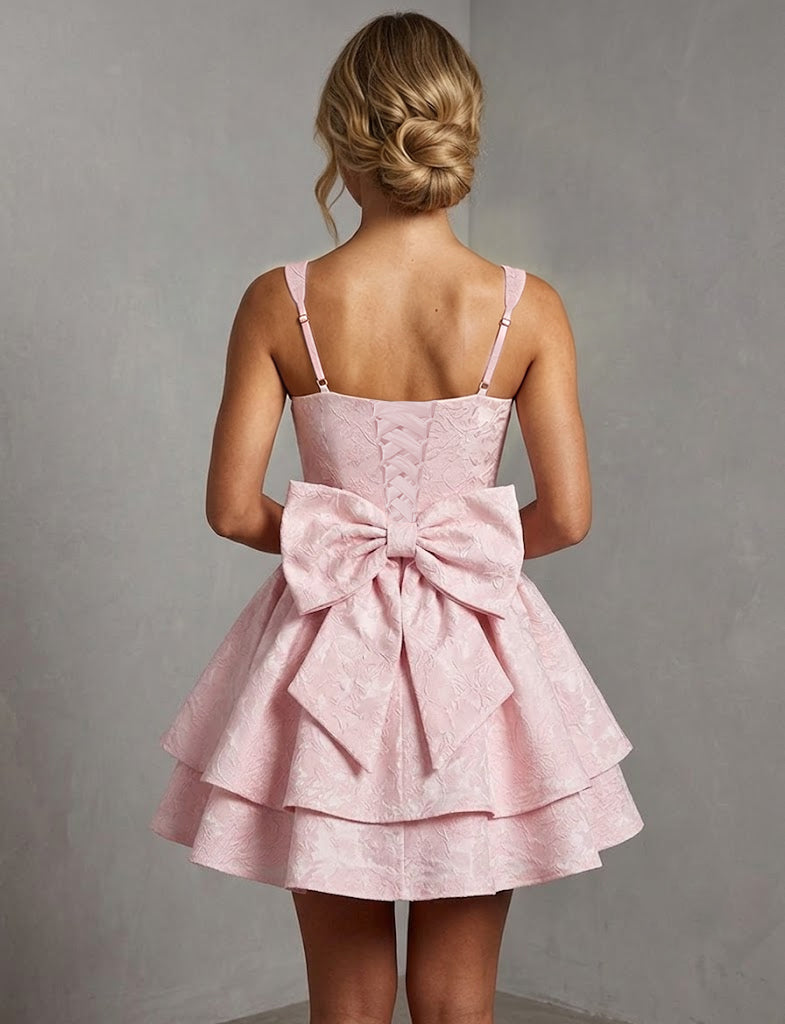 Gorgeous Jacquard Square Neck Tiered Backless with Bow A Line Mini Homecoming Dresses