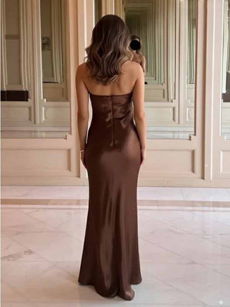 Elegant Satin Brown Strapless Zipper Mermaid Long Prom Dress