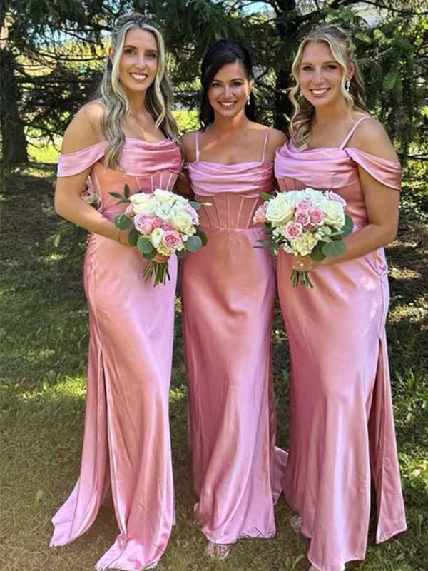 Elegant Satin Pink Off the Shoud Spaghetti Strap See Though Side Slit Mermaid Bridesmaid Dress
