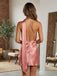 Rose Gold Satin Cowl Neck Mini Dress – Backless Halter Party Dress with Scarf Detail