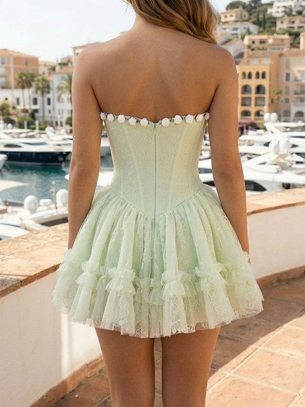 Mint Rose Corset Mini Dress – Strapless Lace Party Dress with 3D Rose Trim