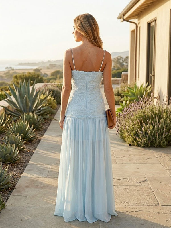 Blue Rosette Garden Maxi Gown – Ice Blue 3D Floral Chiffon Formal Dress