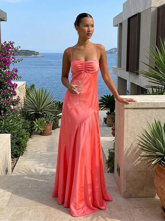 Sunset Coral Satin Mermaid Gown – Ruched Bust Open-Back Formal Dress