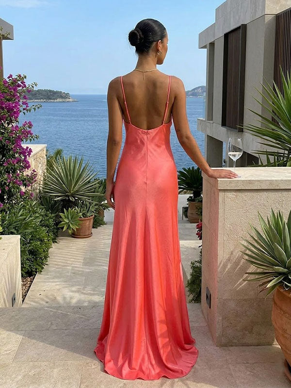 Sunset Coral Satin Mermaid Gown – Ruched Bust Open-Back Formal Dress