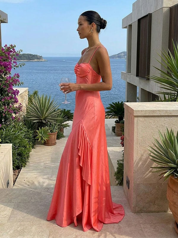 Sunset Coral Satin Mermaid Gown – Ruched Bust Open-Back Formal Dress