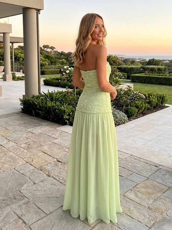 Gorgeous Sage Green Strapless Lace Floral Tulle A Line Long Prom Dress