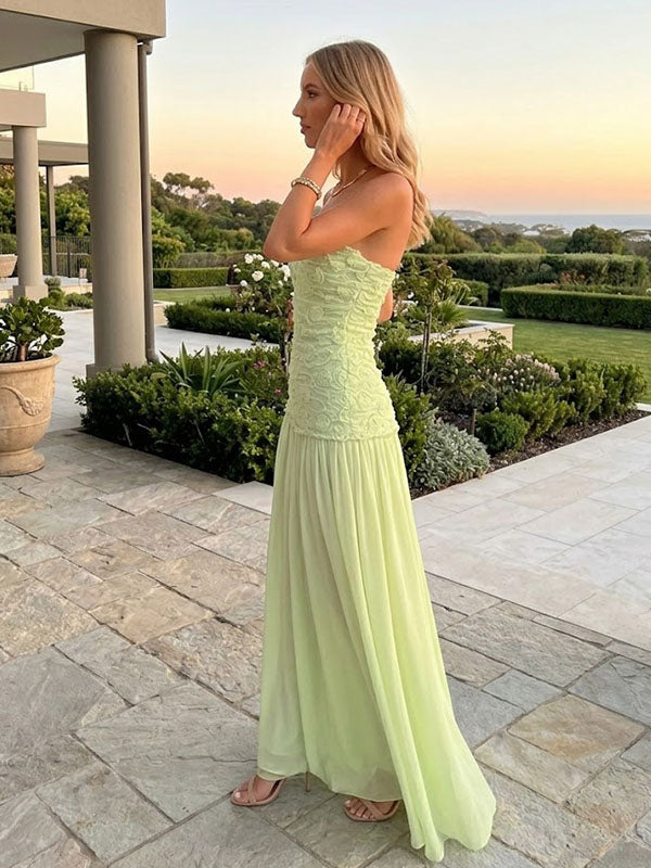 Gorgeous Sage Green Strapless Lace Floral Tulle A Line Long Prom Dress