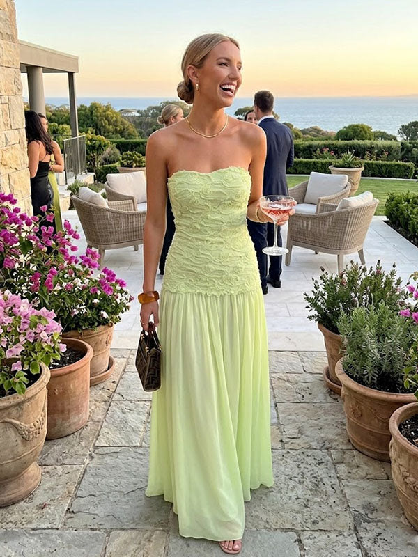 Gorgeous Sage Green Strapless Lace Floral Tulle A Line Long Prom Dress